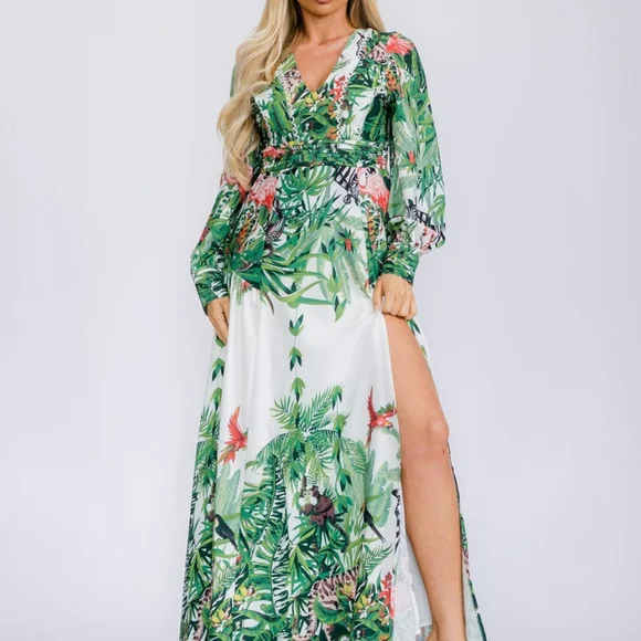 LONG SLEEVE V-NECK FRONT SLIT FLORAL PRINT MAXI DRESS - Picture 1 of 6